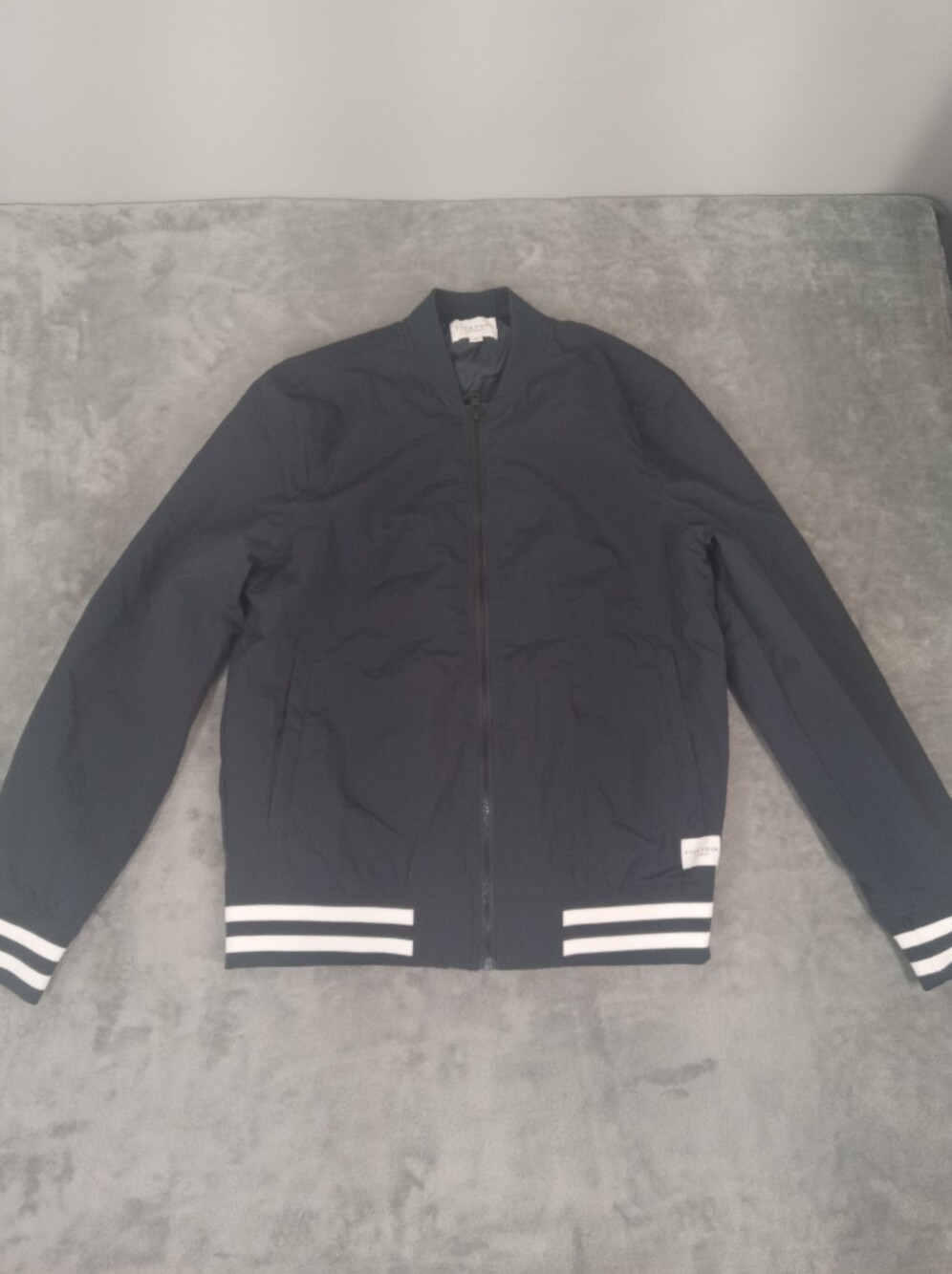 Fivefour Men's Black Bomber Jacket with Striped Hem Size Small
